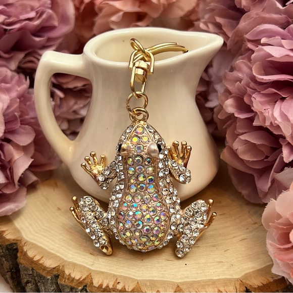 Silver & Iridescent Crystal Frog Keychain Charm - Picture 2 of 15